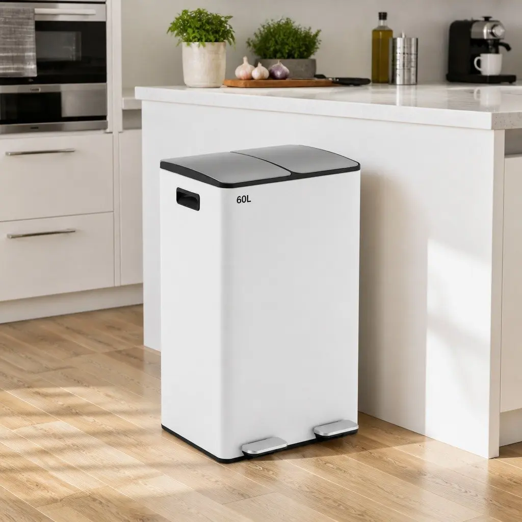 Pedal Bin Dual Compartment 60L White Kitchen Rubbish