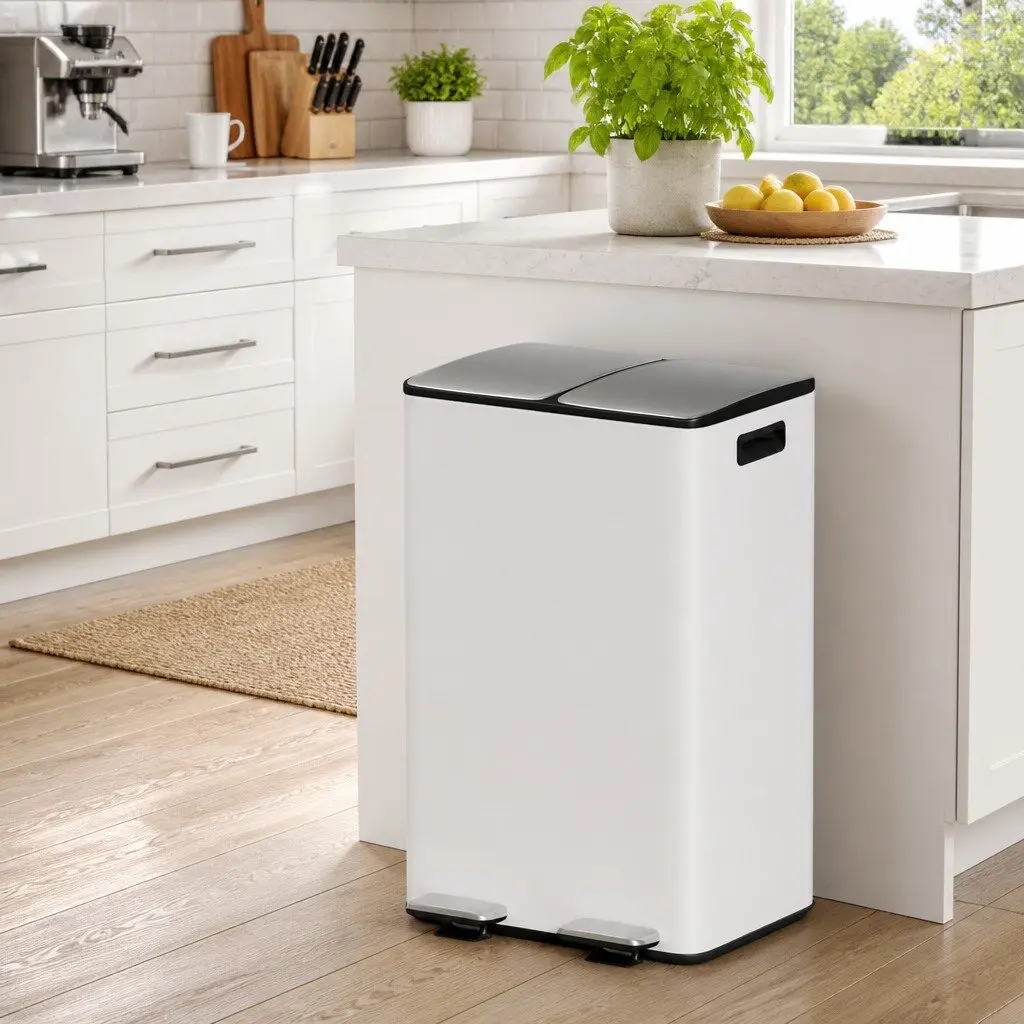 Pedal Bin Dual Compartment 60L White Kitchen Rubbish