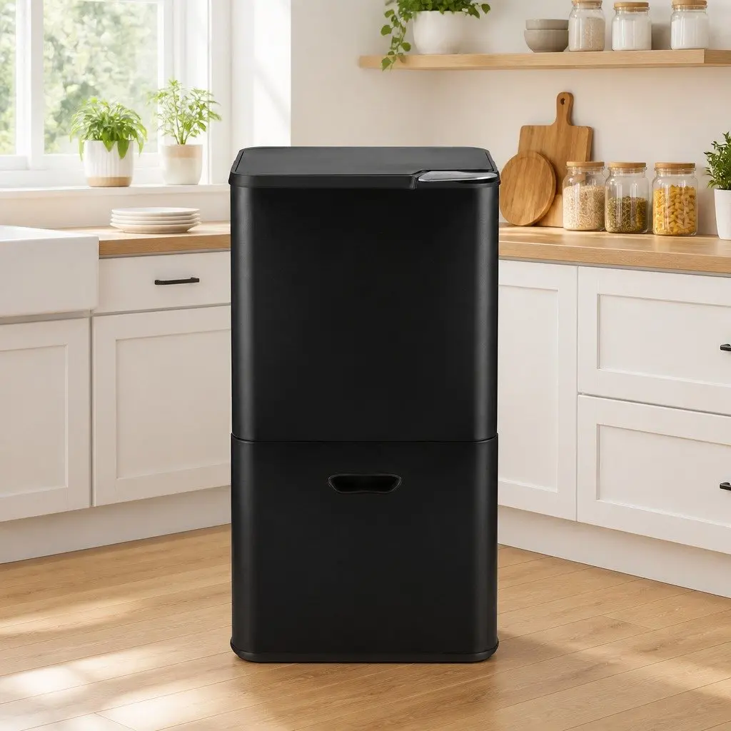 Pull Out Rubbish Bin 63L Multi-Compartment Black Carbon Steel Kitchen Trash Can