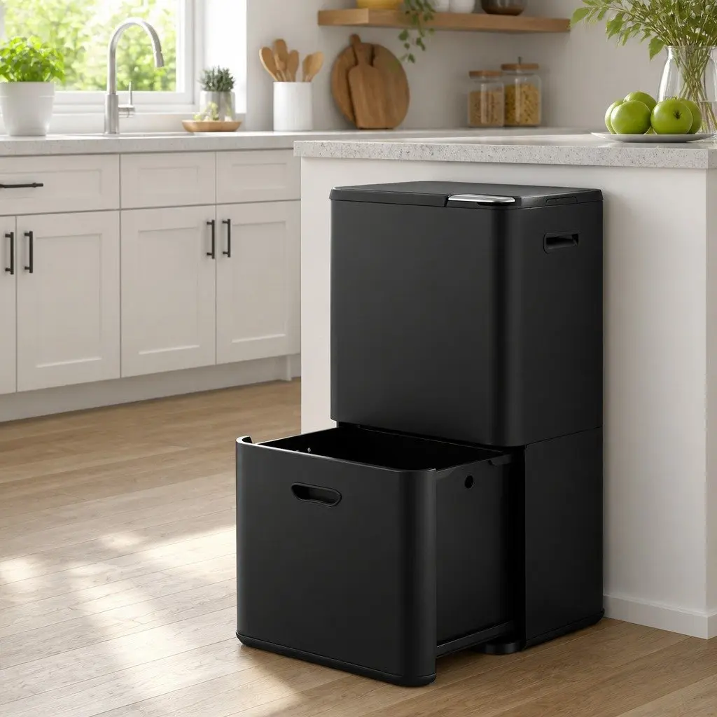 Pull Out Rubbish Bin 63L Multi-Compartment Black Carbon Steel Kitchen Trash Can