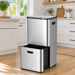 Pull Out Rubbish Bin 63L 3 Compartment Stainless Steel Split Door Trash Can