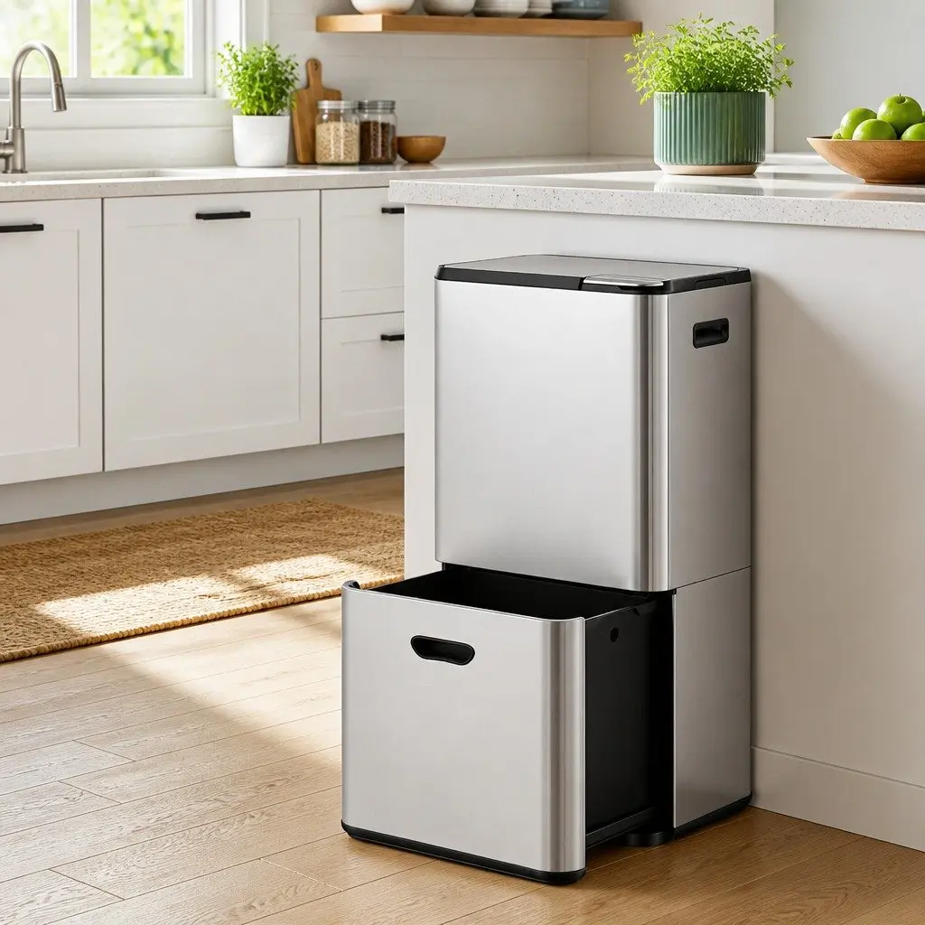 Pull Out Rubbish Bin 63L 3 Compartment Stainless Steel Split Door Trash Can