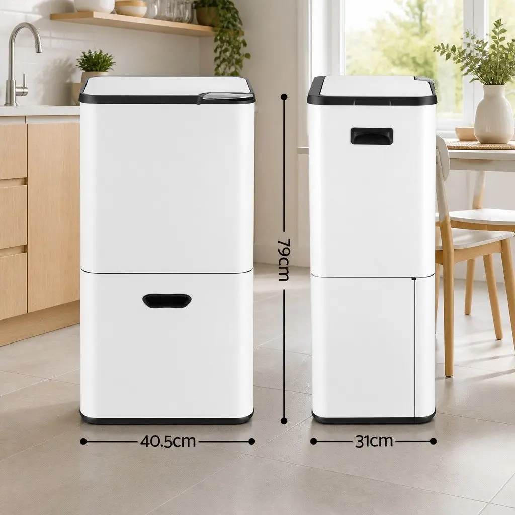 Pull Out Rubbish Bin 63L 3 Compartment Split Door Kitchen Organiser White Carbon Steel