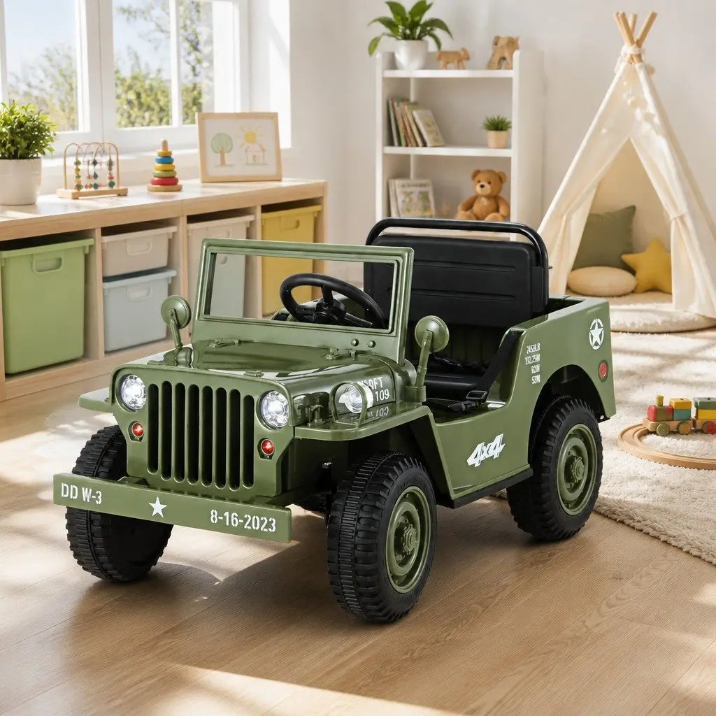 Kids Ride On Car Off-Road Jeep 12V Remote Control Olive Green
