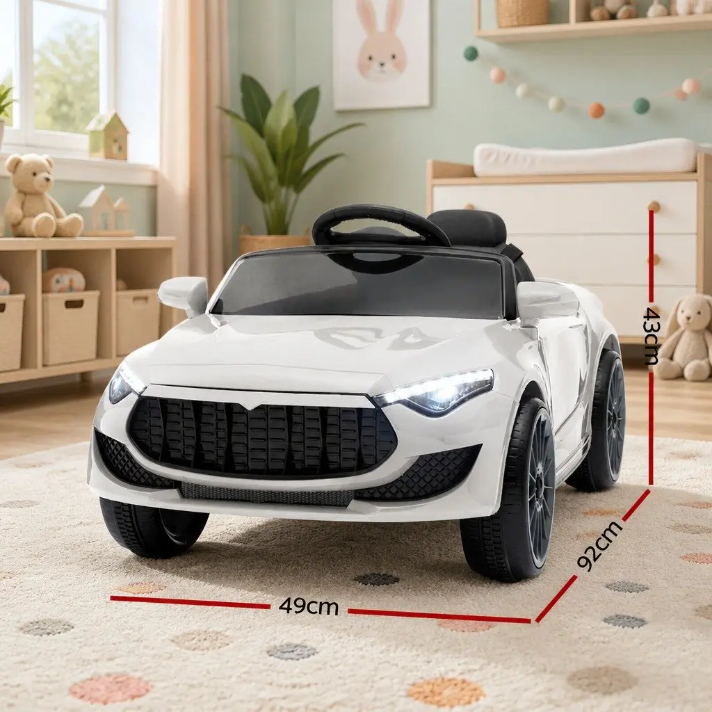 Ride On Car Electric 12V White with Steering Wheel Remote Control Music and Lights