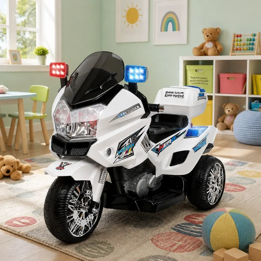 Kids Electric Ride On Car Police Theme 6V Battery Operated Black with Horn Music Lights