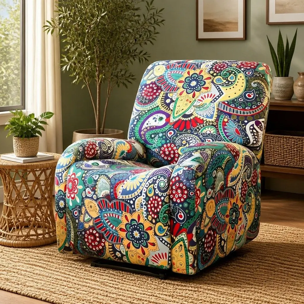 Recliner Chair Slipcover 4-Piece Stretch Cover Printed Polyester Blue Armchair