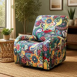 Recliner Chair Slipcover 4-Piece Stretch Cover Printed Polyester Blue Armchair