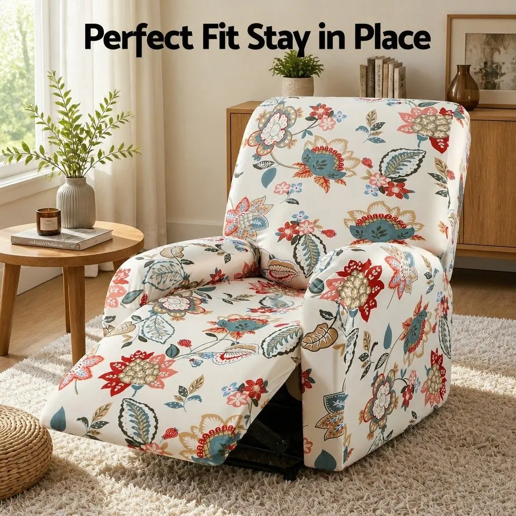 Recliner Chair Slipcover 4-Piece Set Pink Floral Printed Stretch Fabric