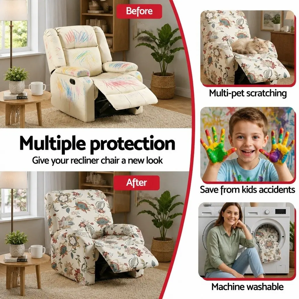 Recliner Chair Slipcover 4-Piece Set Pink Floral Printed Stretch Fabric