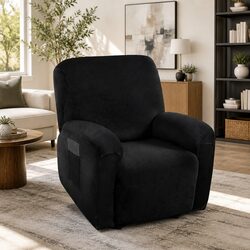 Recliner Chair Cover 1 Seater Velvet Black Stretchy Anti-Slip Elastic Machine