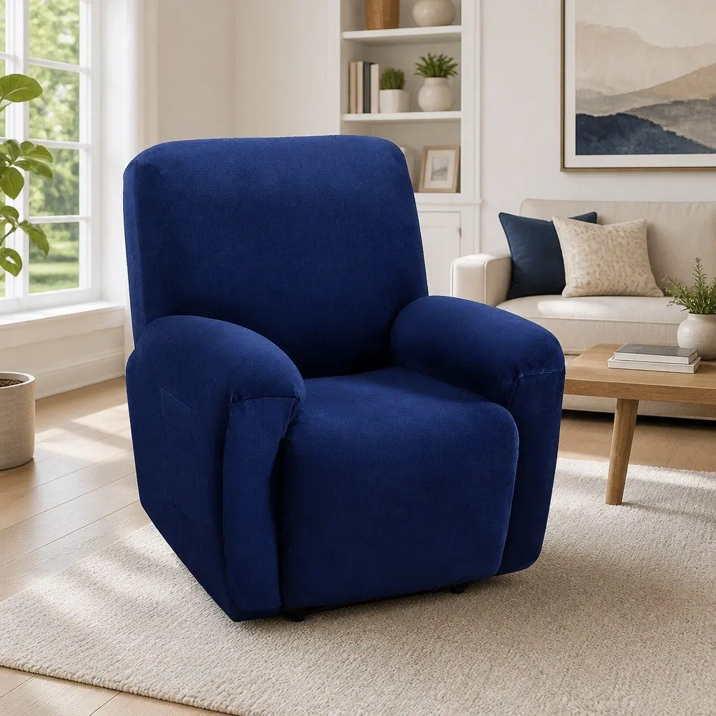 Recliner Chair Cover Stretch Velvet 1 Seater Navy Blue