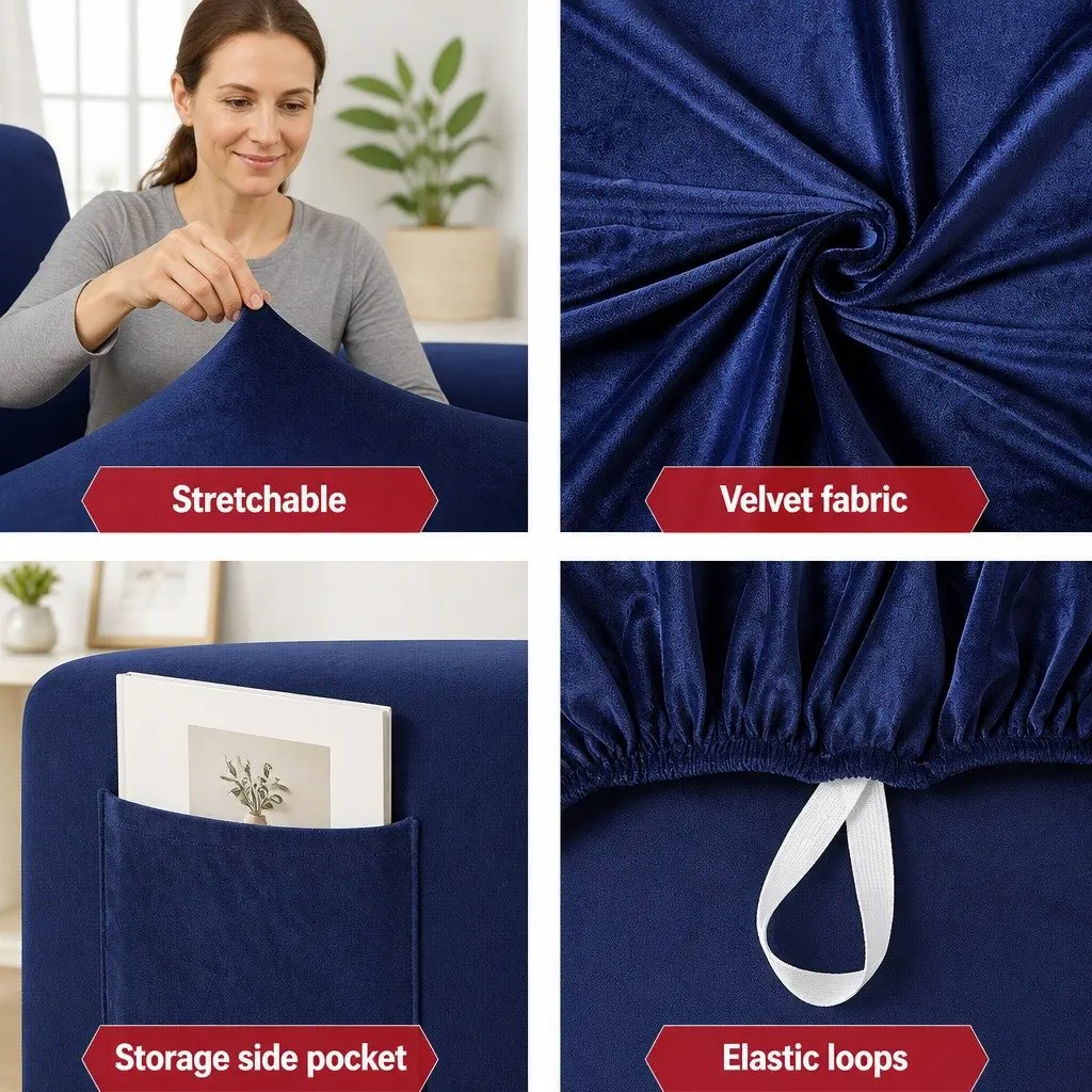 Recliner Chair Cover Stretch Velvet 1 Seater Navy Blue
