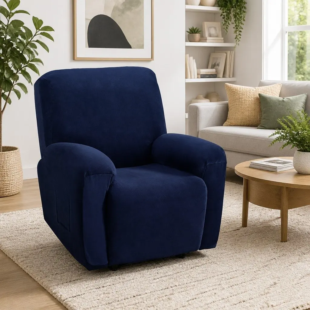 Recliner Chair Cover Stretch Velvet 1 Seater Navy Blue