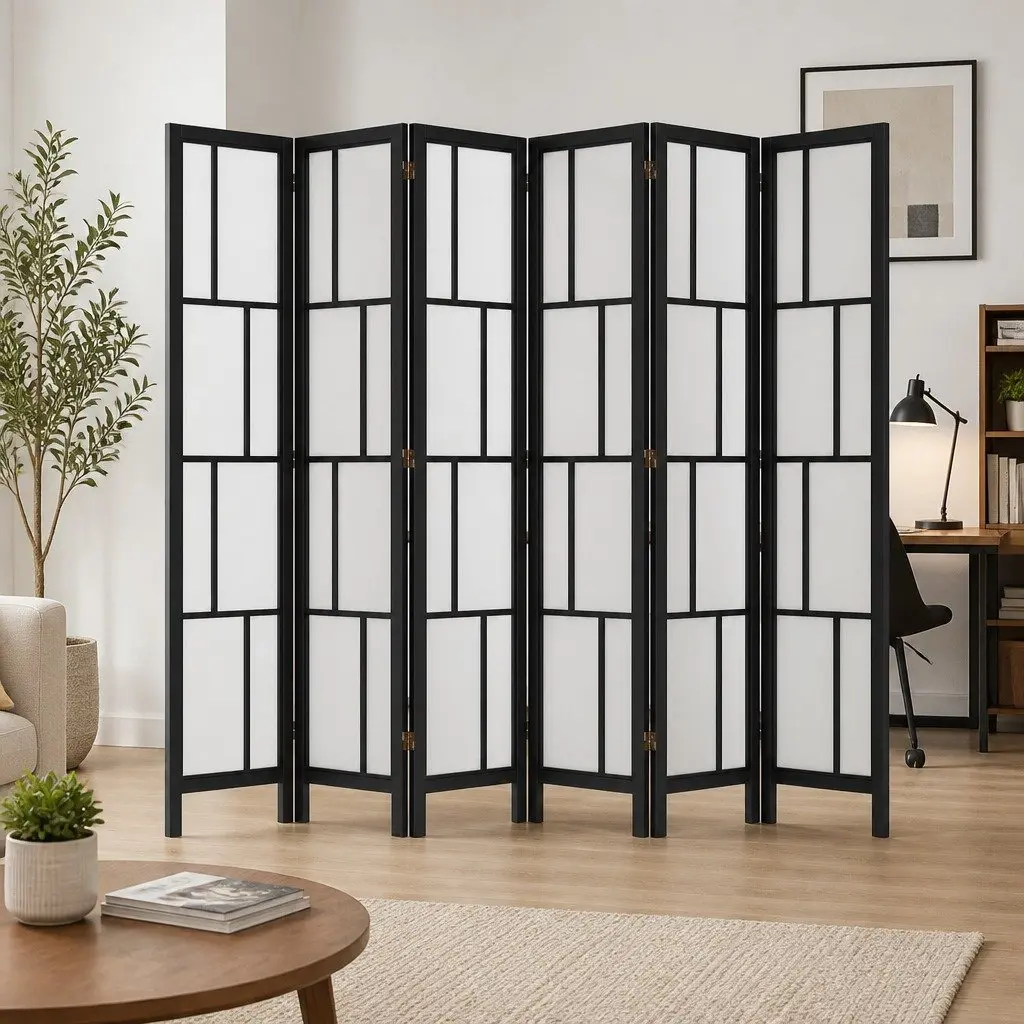6 Panel Folding Room Divider Freestanding Privacy Partition 170cm Black Modern Minimalist