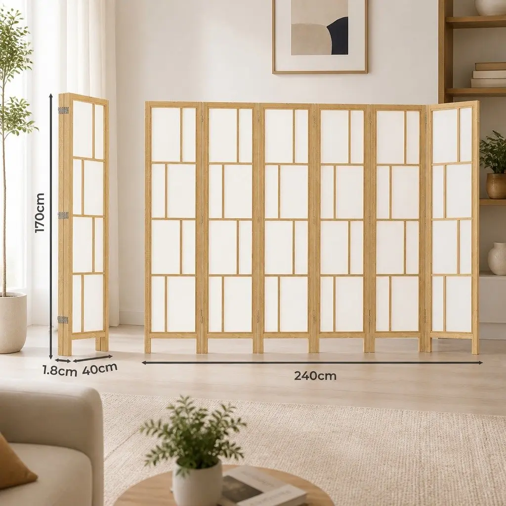 6 Panel Room Divider Freestanding Folding Screen 170cm Natural Wood Indoor Partition