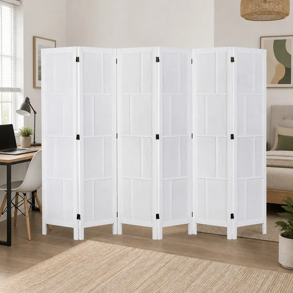 6 Panel Room Divider Folding Screen Partition 170cm White Solid Wood Frame