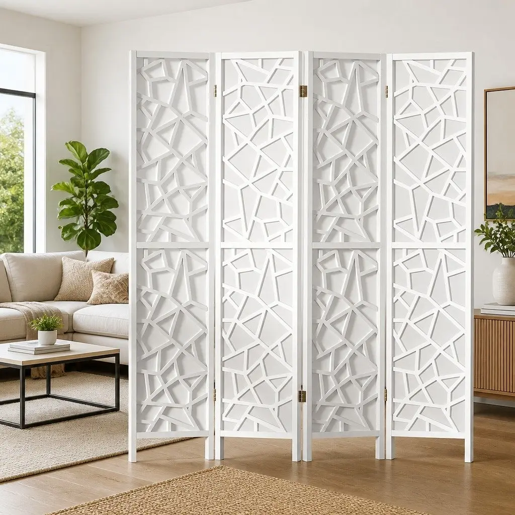 Room Divider Screen 4 Panel Folding Privacy Space Partition 162x170cm White Non-Woven Fabric