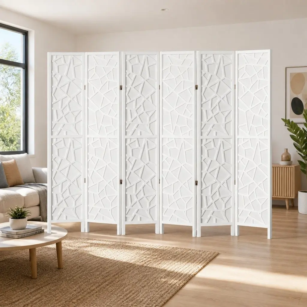 6 Panel Room Divider Screen Foldable 244x170cm White Pine Wood Non-Woven Fabric