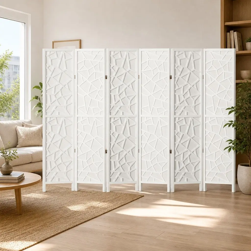 6 Panel Room Divider Screen Foldable 244x170cm White Pine Wood Non-Woven Fabric