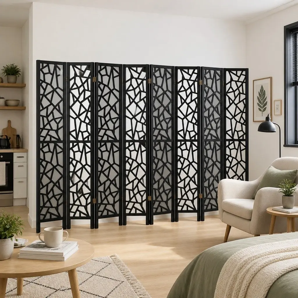 8 Panel Room Divider Screen Foldable Privacy Partition 325x170cm Black Non-Woven Fabric