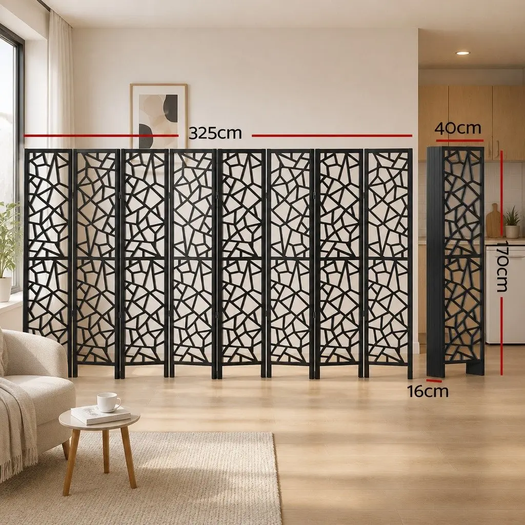8 Panel Room Divider Screen Foldable Privacy Partition 325x170cm Black Non-Woven Fabric