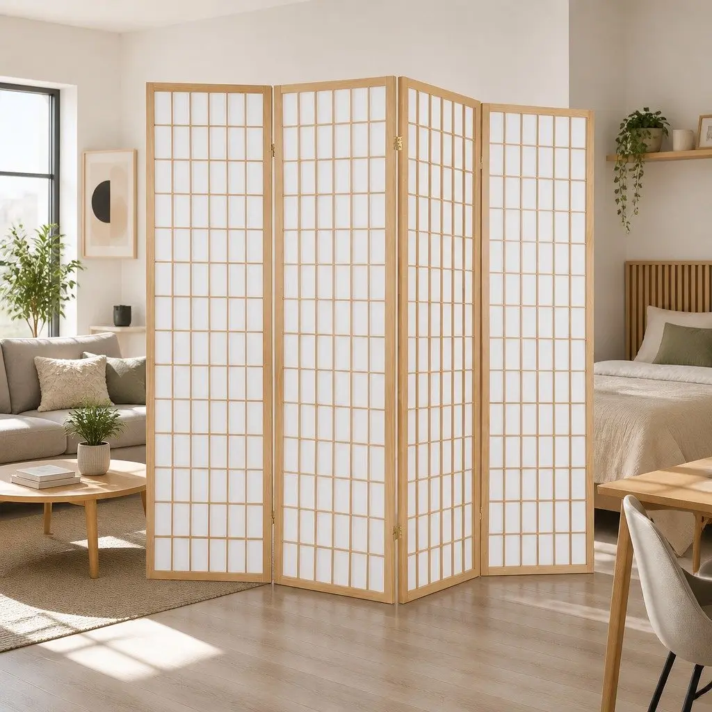 Room Divider 4 Panel Foldable Privacy Screen 174x179cm Natural Non-Woven Fabric