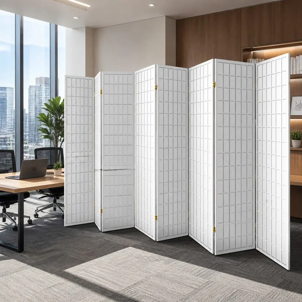 8 Panel Room Divider Folding Privacy Partition 348x179cm White Pine Wood Frame Non-Woven Fabric Screen