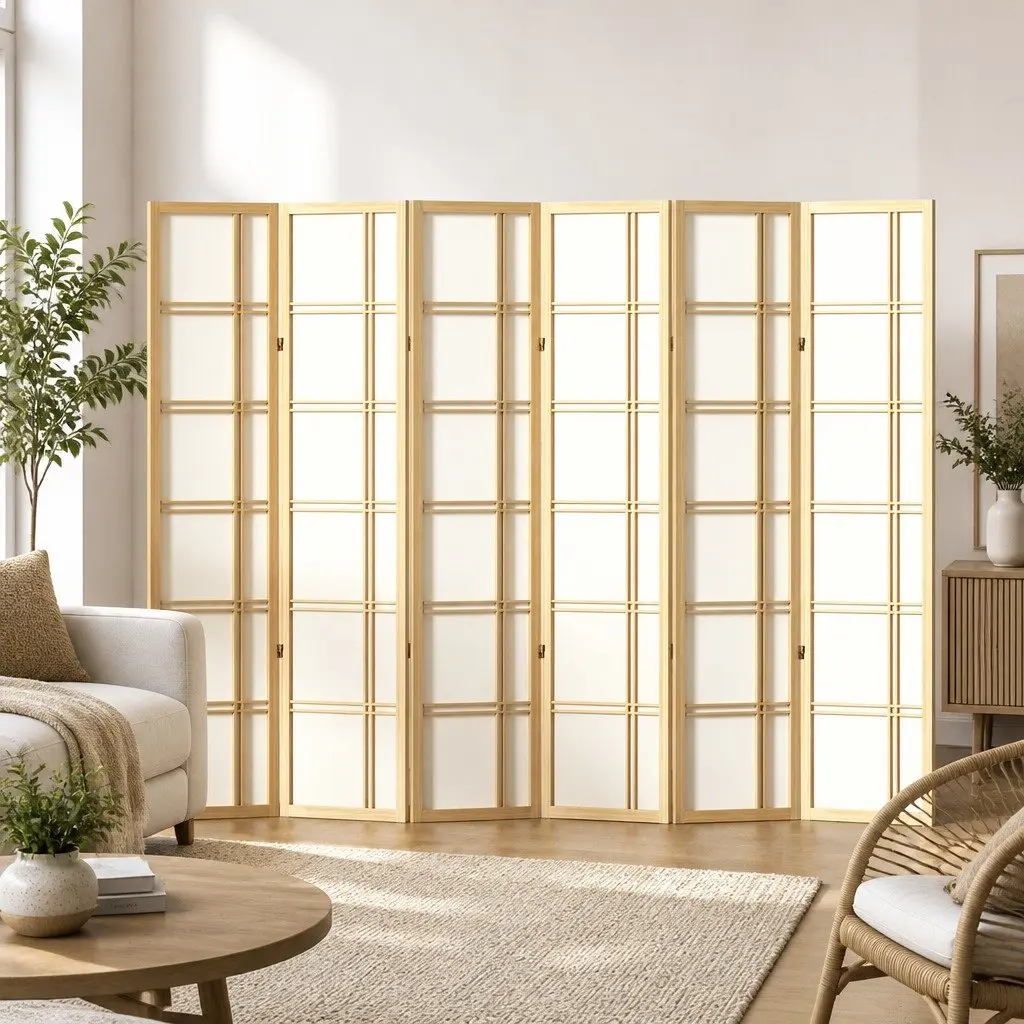 Room Divider Screen 6 Panel Folding Privacy Partition Natural Wood Portable