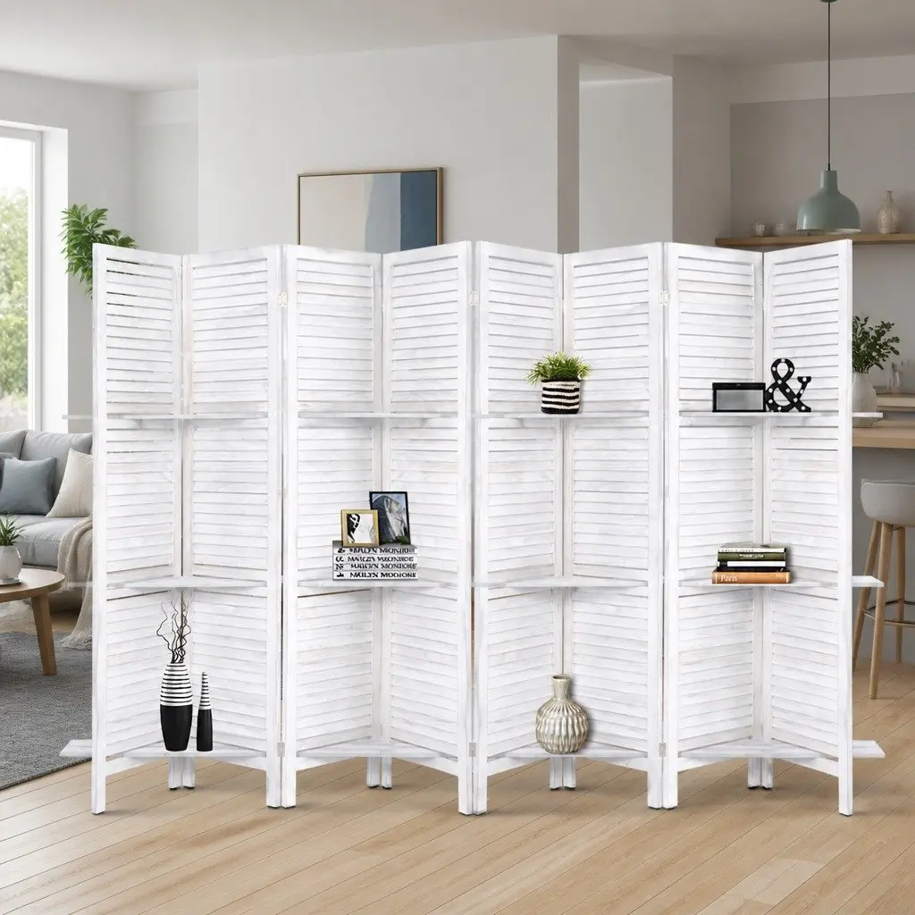 8 Panel Room Divider Folding Privacy Partition with Shelves 326x170cm White