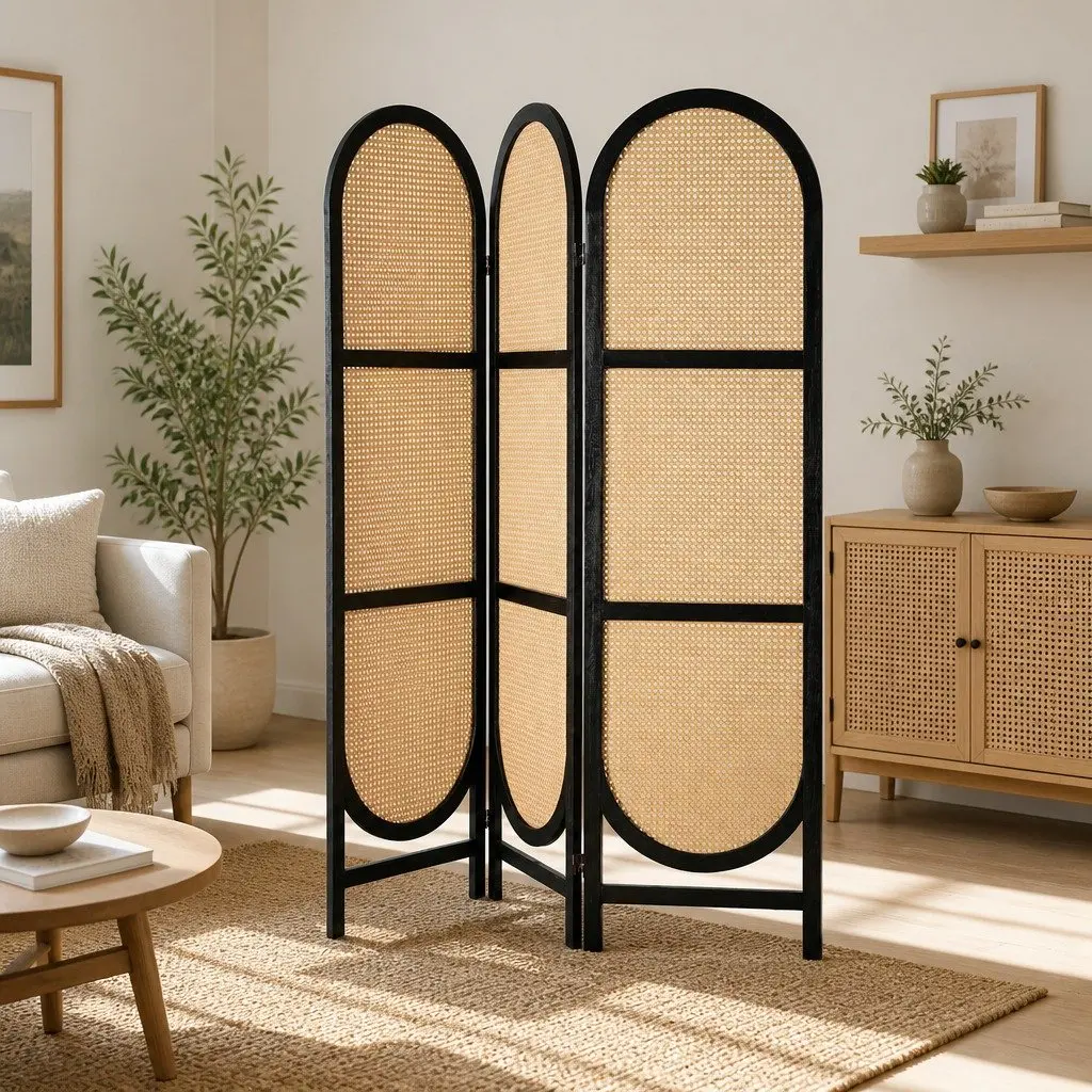 Room Divider Screen Foldable 3 Panel Brown Rattan Privacy Separator