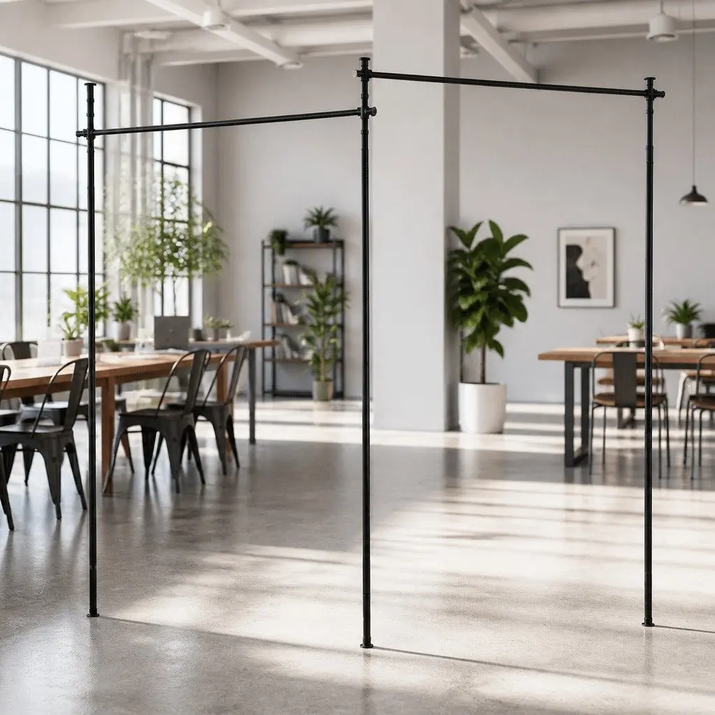 Room Divider Curtain Rod Adjustable Height 82cm to 314cm Width 74cm to 355cm Black Metal Privacy Screen
