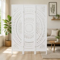 3 Panel Room Divider Screen 132x170cm Circle Design White Foldable Partition