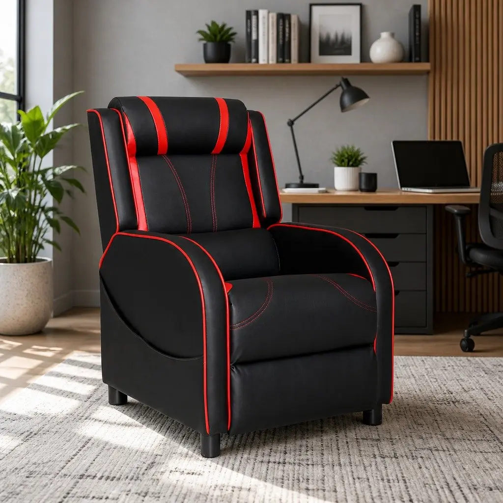 Gaming Chair Leather Recliner with Footrest Lumbar Support Adjustable Backrest Black
