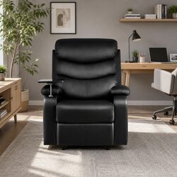 Recliner Chair Black Leather Swivel Tray Table Lounge Armchair Footrest
