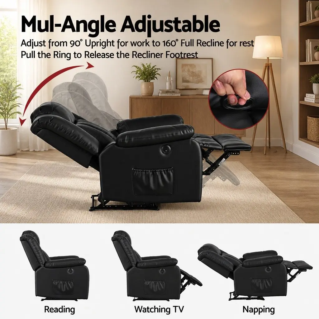 Manual Massage Recliner Chair Living Room Leather Sofa Lounge with USB Ports