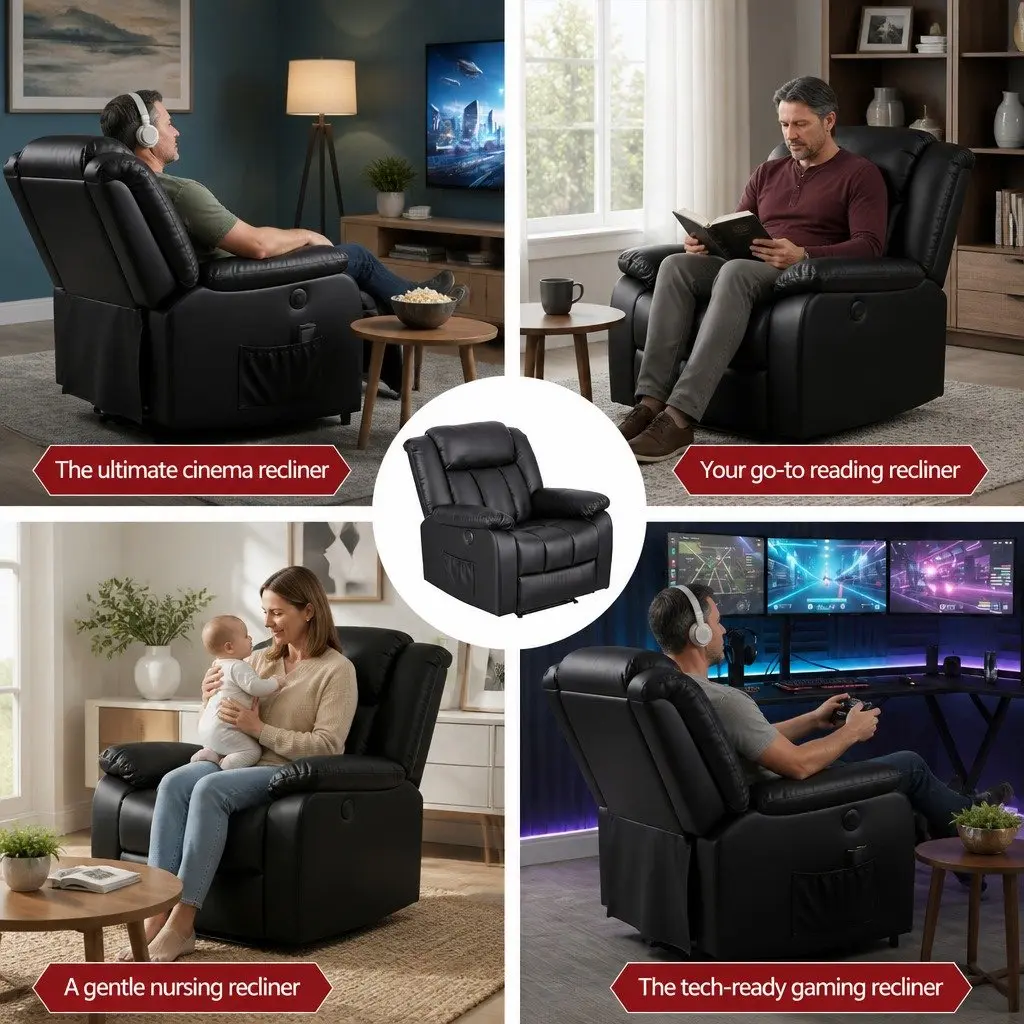 Manual Massage Recliner Chair Living Room Leather Sofa Lounge with USB Ports