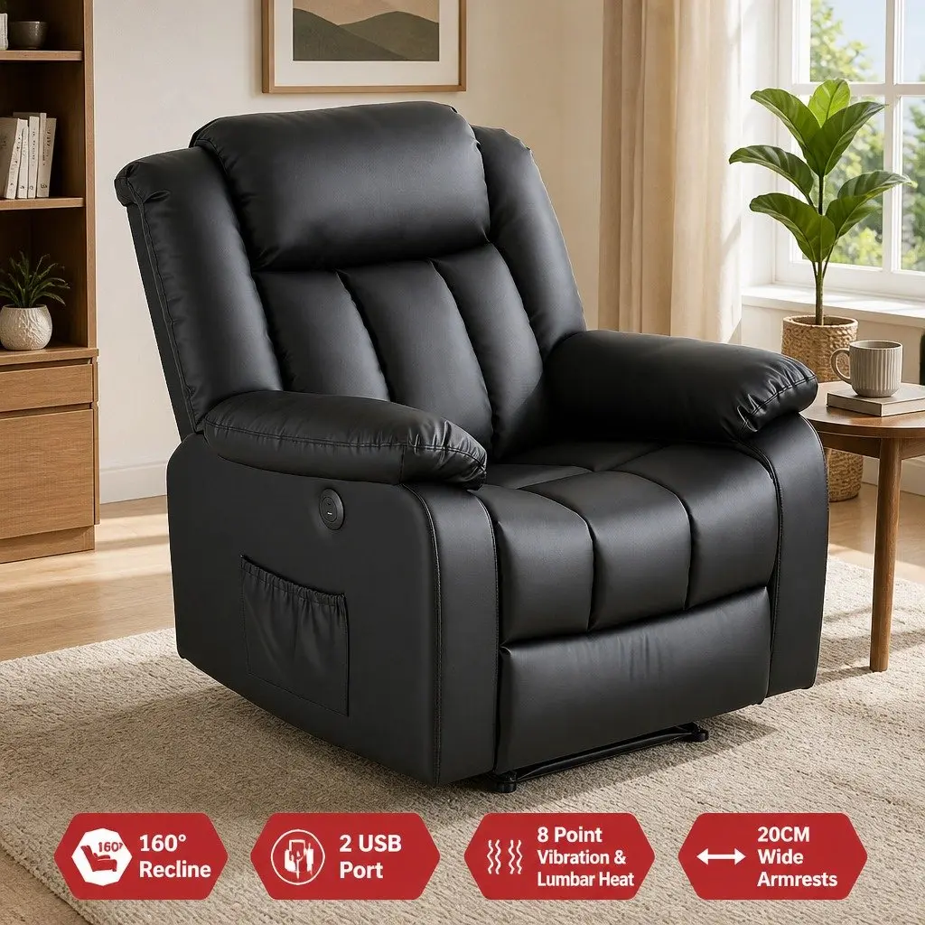 Manual Massage Recliner Chair Living Room Leather Sofa Lounge with USB Ports