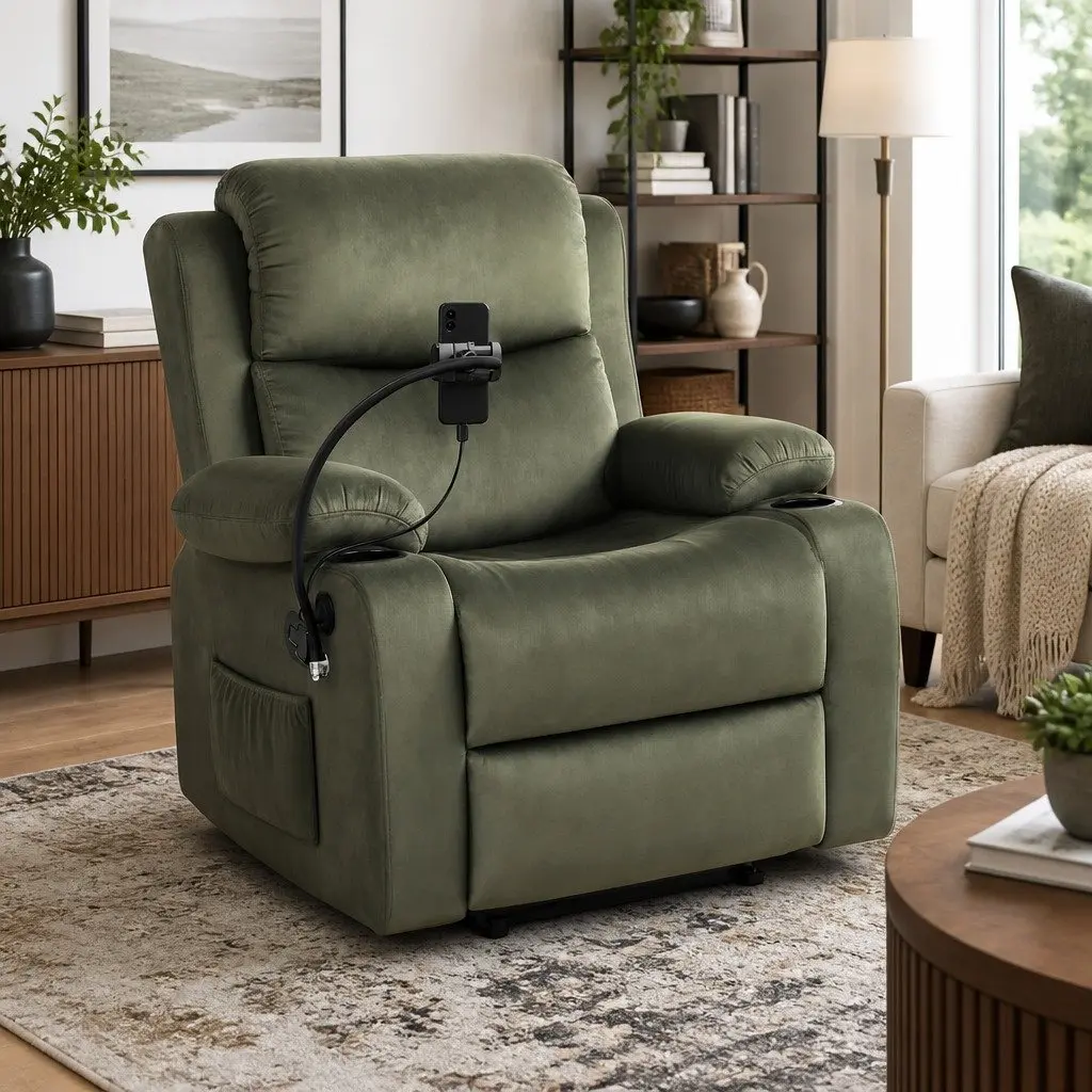 Recliner Chair Heated Massage Velvet Armchair with USB Phone Holder Green
