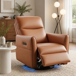 Swivel Recliner Chair Brown PU Leather Electric Reclining Sofa LED Charging