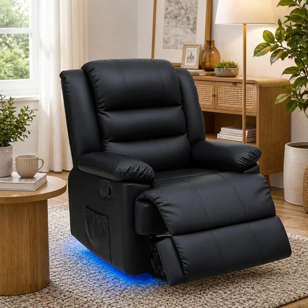 Manual Recliner Chair with Footrest 16 Colour LED Lights Black Leather Sofa