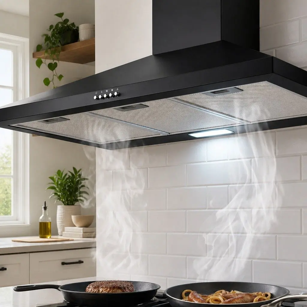 Black Range Hood 900mm Wall Mounted Kitchen Cooktop Extractor Fan LED Light