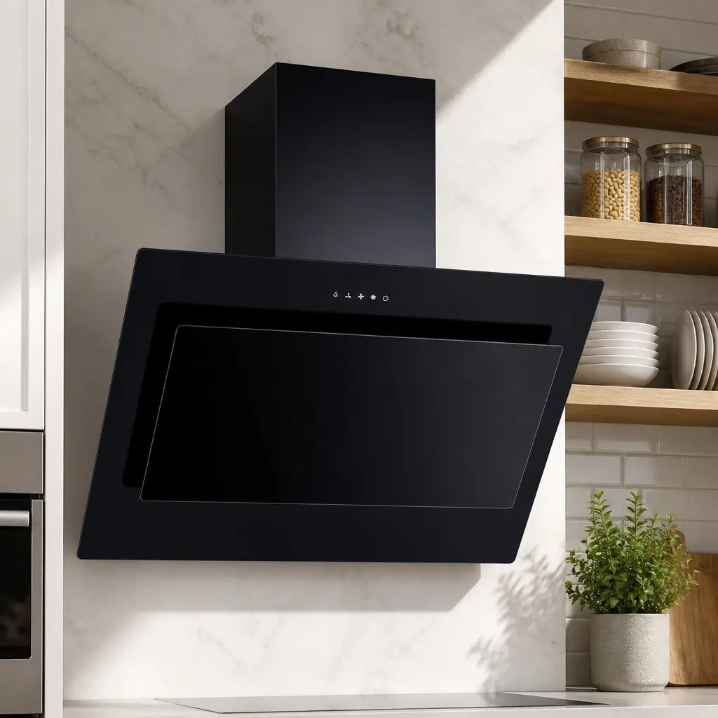 900mm Range Hood Wall Mounted Side Draft Angled Glass Black Kitchen Cooktop