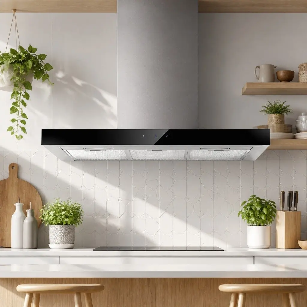 Range Hood Wall Mounted 90cm Black Glass High Performance Motor