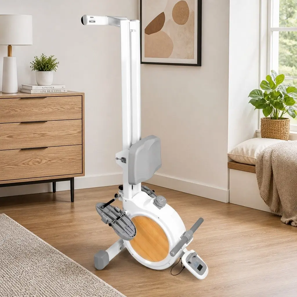 Magnetic Rowing Machine Home Gym Equipment 16 Resistance Levels Bluetooth App White Grey Teakwood