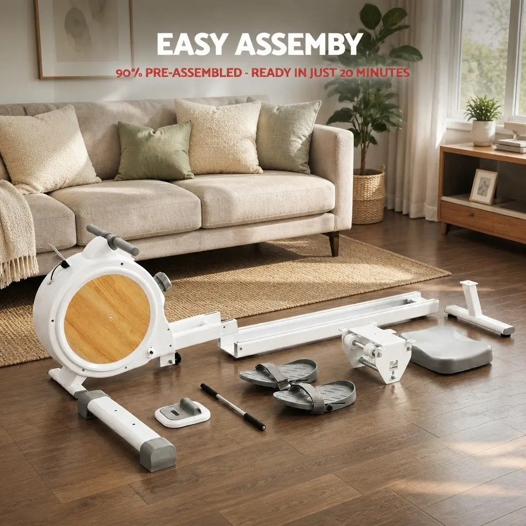 Magnetic Rowing Machine Home Gym Equipment 16 Resistance Levels Bluetooth App White Grey Teakwood