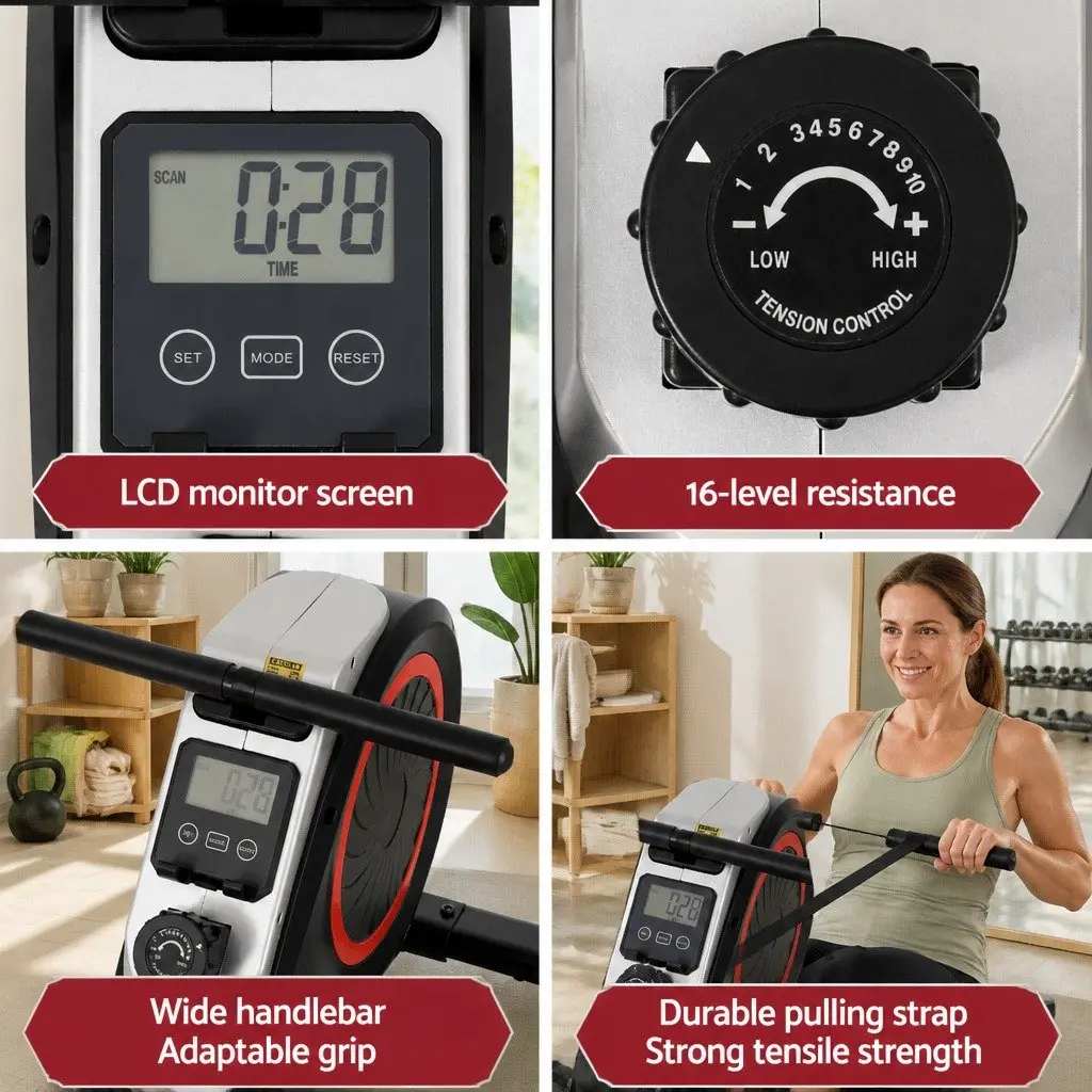 Rowing Machine Magnetic Foldable 16 Resistance Levels Black