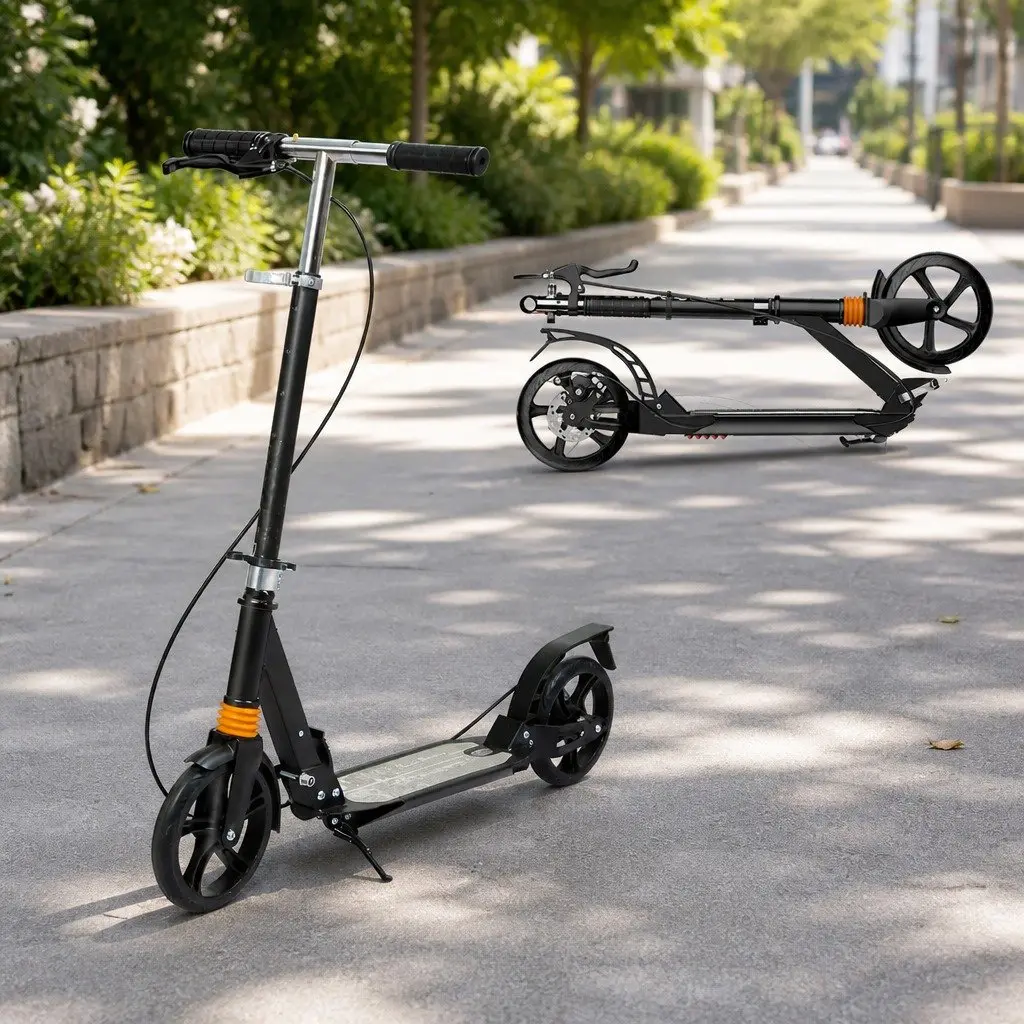 Adult Scooter Anti-Slip Deck Adjustable Height One-Click Fold Black