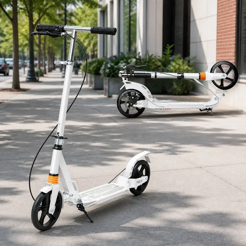 Adult Scooter Adjustable Height Anti-Slip Deck Dual Brakes White
