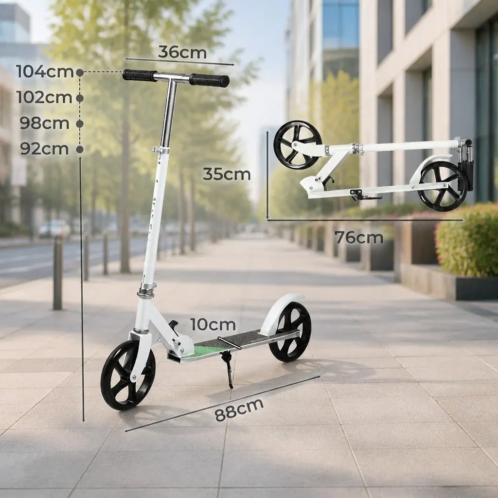 Folding Push Scooter Dual Large Wheels Adjustable Height White
